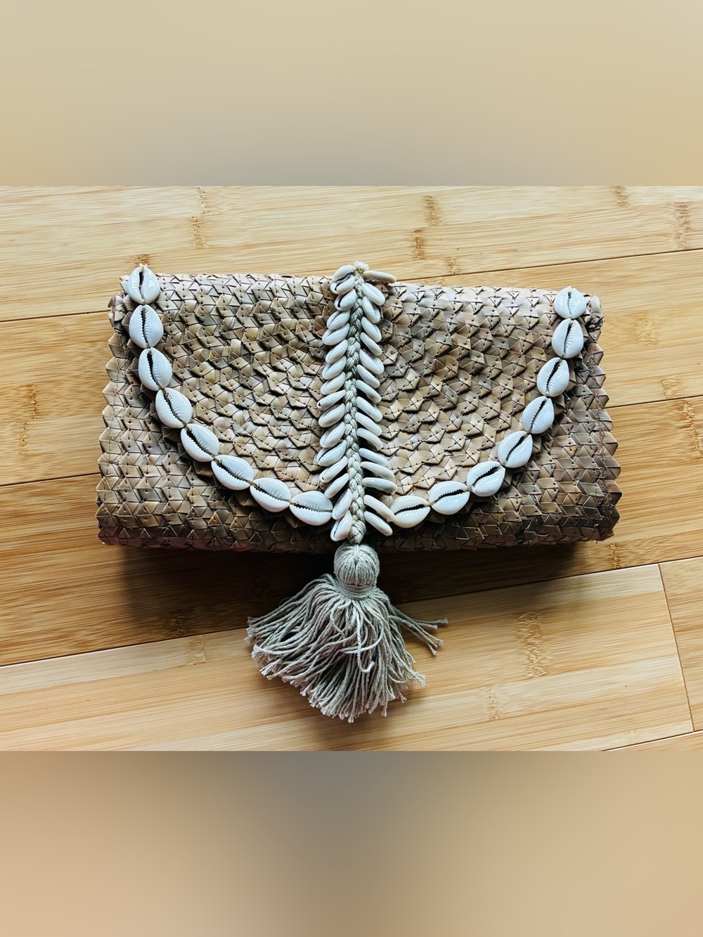 Woven Straw Clutch with Shell Trim - Natural